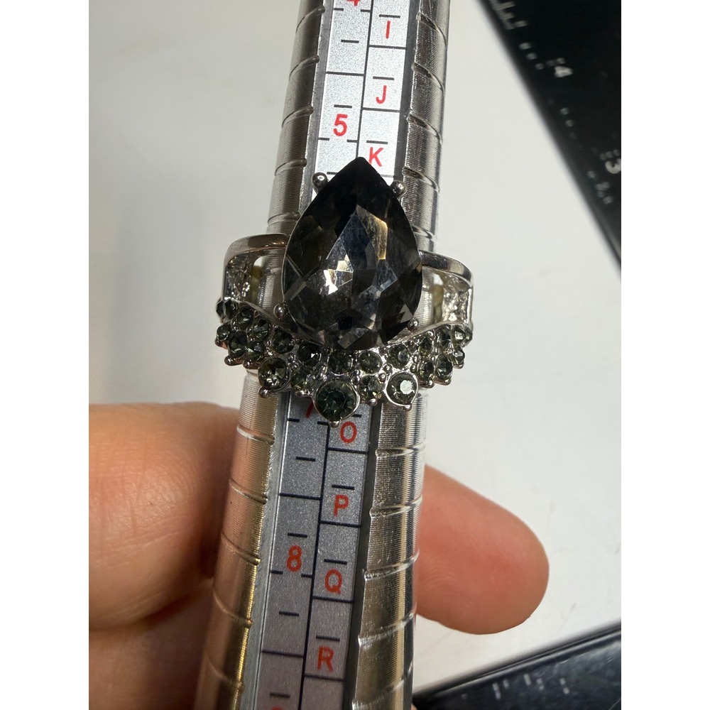 Smoky Grey Pear Cut Rhinestone Stretch Statement Ring Silver Tone Gothic Sz 6.5